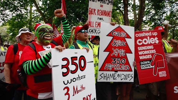 Workers protested the Coles lockout in Sydney's CBD in December.
