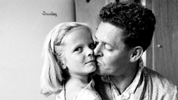Tom Hughes at home with daughter Lucy in 1963, the morning after winning the seat of Parkes in the federal election. 