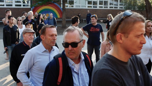 Former prime minister Tony Abbott voting in his electorate of Warringah on Saturday morning.