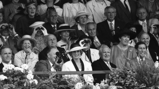 Prince Charles and Princess Diana watch the Melbourne Cup in 1985.