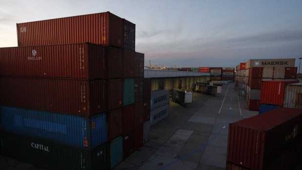 Port Botany at dusk, where less than 20 per cent of container movements occur through rail.