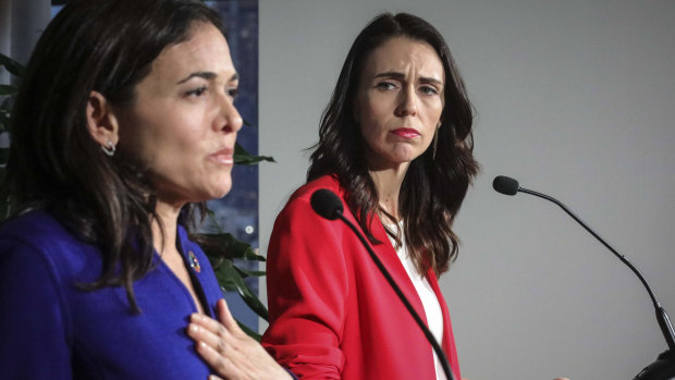 Sheryl Sandberg, with NZ Prime Minister Jacinda Ardern, acknowledged Facebook did not take down videos of the Christchurch killings quickly enough.