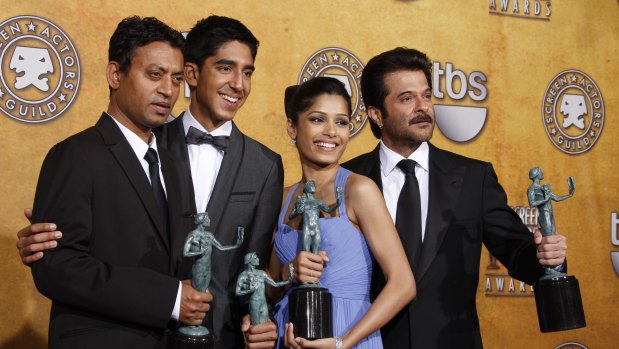 The cast of Slumdog Millionaire backstage at the 2009 Screen Actors Guild Awards. From left: Irrfan Khan, Dev Patel, Freida Pinto and Anil Kapoor.