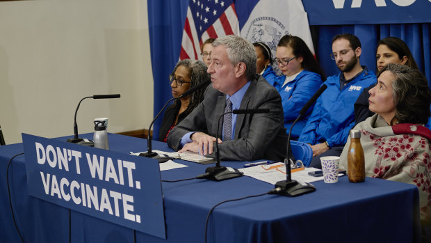 New York City mayor Bill de Blasio speaks at a news conference in April at the Williamsburg branch of the Brooklyn Public Library, where a measles outbreak occurred.