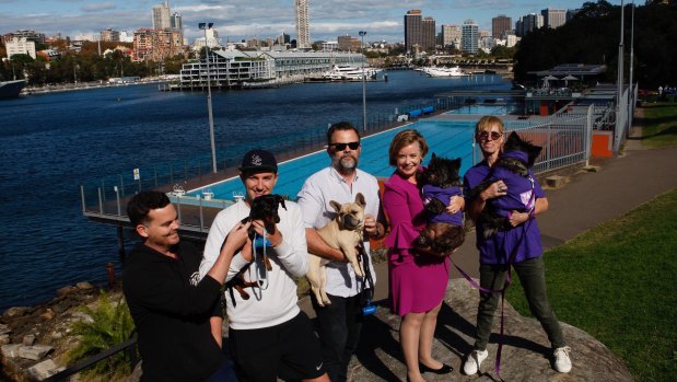 Pooch pool party people. From left to right:  Sam Nolan, Colin Crowley with Rupert (dog), Matt Baker with Pepa (dog), Councillor Linda Scott with Tumshee (dog) and Nicola O’Hanlon with Towskey (dog). 