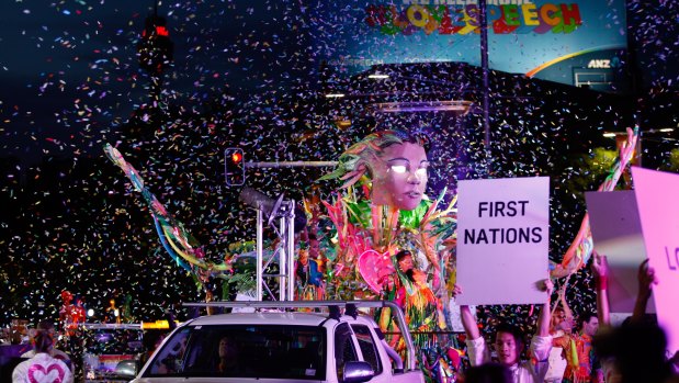 The First Nations float drew attention to Indigenous rights.