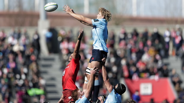 Head and shoulders above: Ned Hanigan jumps first to get clean lineout ball.