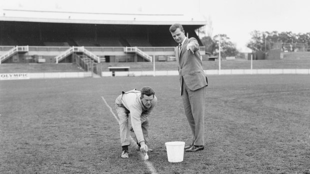Marking out the rectangle at Princes Park in 1966  for a trial during a game played for premiership points.