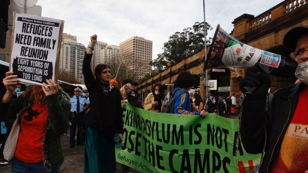 Demonstrators rally in Sydney on Saturday in support of refugees.