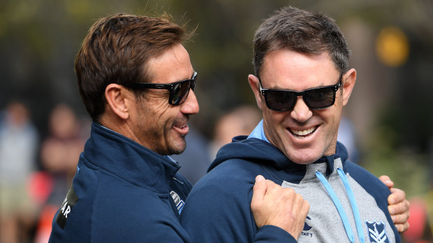Lapsing lyrical: NSW almost had to wait even longer to sing their new victory song after coach Brad Fittler (right) left the lyrics at his hotel.