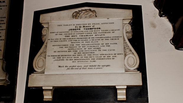 Joseph Thompson's plaque in the Pitt Street Congregational Church. 