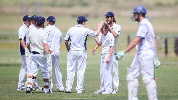Mortlake players celebrate a Wareham wicket.