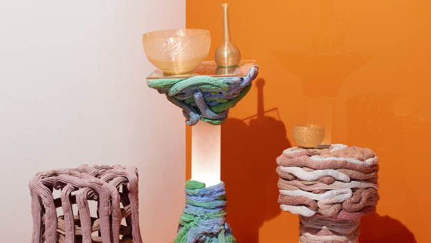 British furniture designer James Shaw used repurposed plastic for these stools and table, while Studio Klarenbeek & Dros utilised a 3D-printer to produce these ‘‘glass’’ vases and bowls from microalgae and plant-based sugar. 