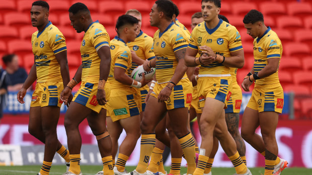 The Eels celebrate their first try of the year.