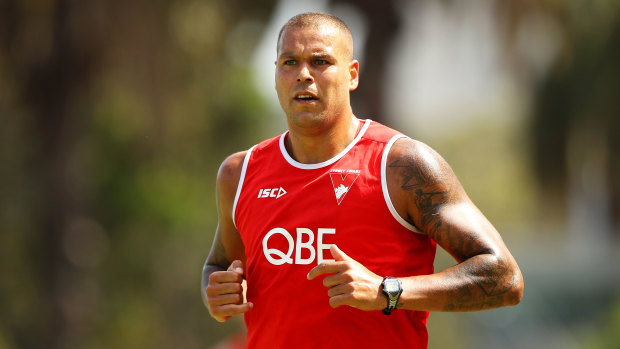 Lean and mean: Pre-season training began on Monday for the Swans, but veteran Lance Franklin has been back at  it for two weeks already.