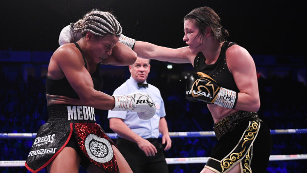 Ireland's Katie Taylor lands a right on Christina Linardatou in their super-lightweight world title fight in November.