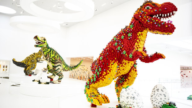Dinosaurs at the Lego House in Billund. The company wants to eliminate its dependence on petroleum-based plastics.