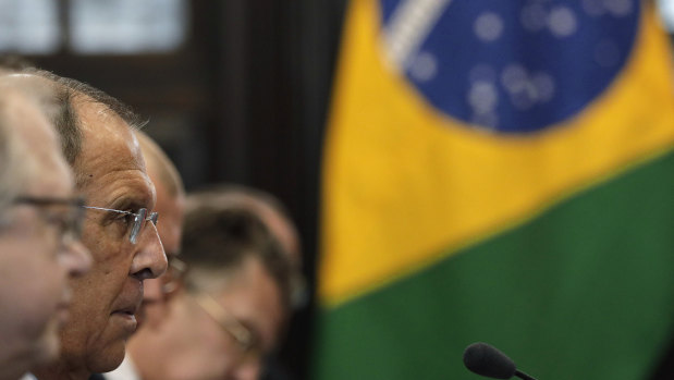 Russia's Foreign Minister Sergey Lavrov listens to the Brazil's Foreign Minister Ernesto Araujo during a BRICS bilateral meeting in Rio de Janeiro.