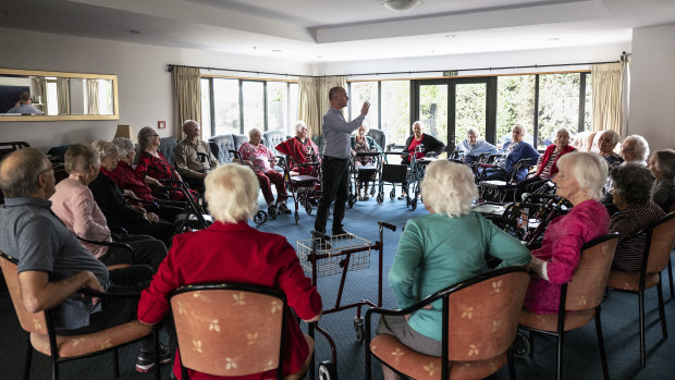 Residents of Merivale Retirement Village practise Maori with their activities coordinator, Tim Belcher, in Christchurch.