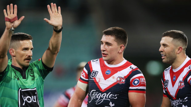 Frustrated Roosters captain James Tedesco reacts as Victor Radley is sent to the sin bin for a high challenge.