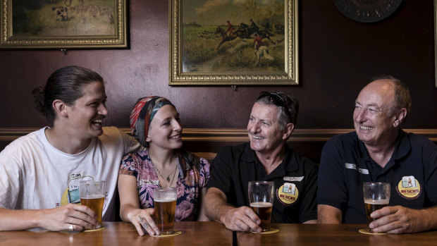 Jim Barker, Jamie Lee-Garner, Mark Sullivan and John Watkins enjoy a Resch's beer at the Shakespeare Hotel in Surry Hills 