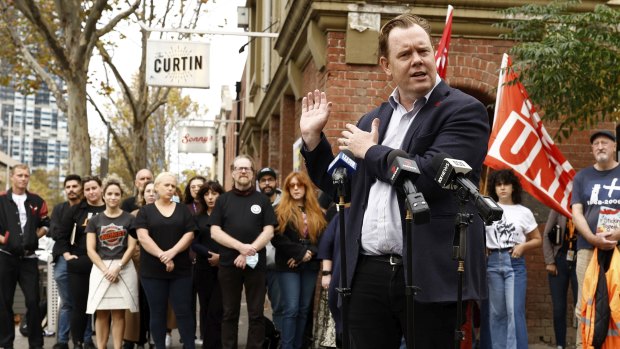 Luke Hilarki led a group of unionists and residents in April at Carlton’s John Curtin Hotel to back the “green ban” on the redevelopment of the site.