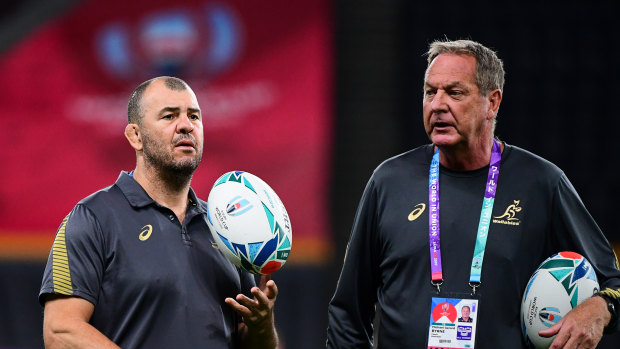 Former Wallabies coach Michael Cheika and skills coach Mick Byrne at the 2019 Rugby World Cup. 