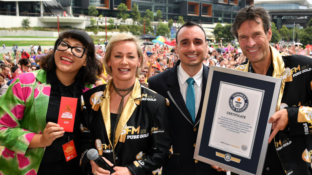 Success: From left, councillor Jess Scully, Amanda Keller, Guinness World Record official Brian Sobel and Brendan Jones at Darling Harbour.