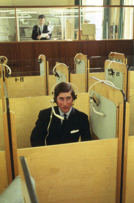 Prince Charles in the Language Laboratory at the University College of Wales, Aberystwyth, ahead of his investiture as the Prince of Wales in 1969. 