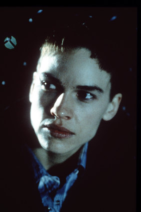 Swank in her Academy Award-winning role as trans man Brandon Teena in Boys Don't Cry.