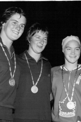 Day 3 medal winners in the 110 yards women’s freestyle – Australian Dawn Fraser (centre) broke a world record. Second was Robyn Thorn of Australia (left), and M. Stewart, of Canada. November 1962.