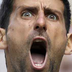 Djokovic lets out a scream during his men’s singles semi-final at Wimbledon in 2019.