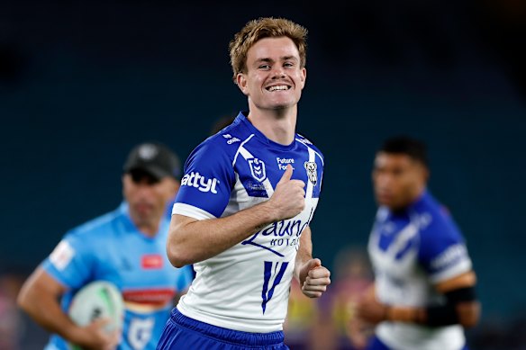 Lachlan Galvin was in good spirits for the Bulldogs before taking the field in the club’s comeback win over the Storm.