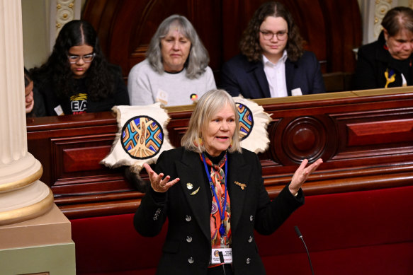 Aunty Esme Bamblett making her maiden speech to the First Peoples’ Assembly of Victoria in July.