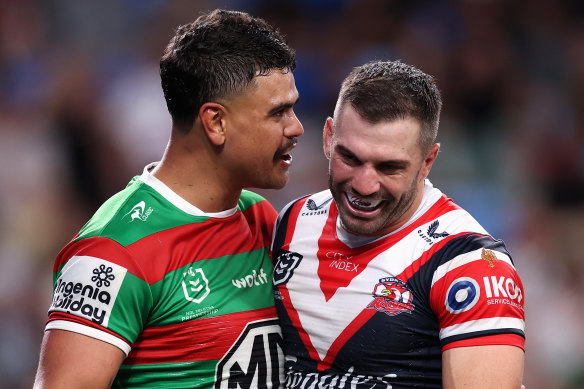 Latrell Mitchell and James Tedesco during Friday night’s match.