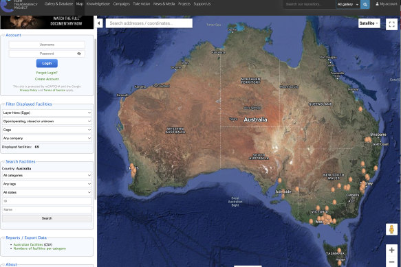 Farm Transparency Project’s Map showing the locations of known caged egg farms across Australia.