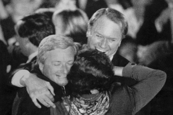 Former premier Nick Greiner and Baird embrace in 1993 after the announcement Sydney would host the 2000 Olympic Games.