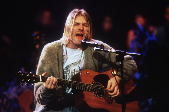 Kurt Cobain of Nirvana played the guitar during the taping of MTV Unplugged in 1993.