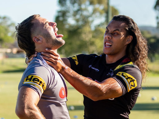 Jaeman Salmon and Jarome Luai ham it up at Penrith training on Tuesday.