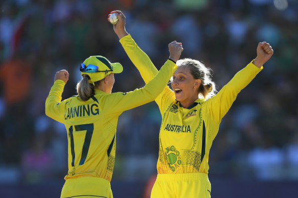 Meg Lanning and Ashleigh Gardner in the T20 World Cup final in February.