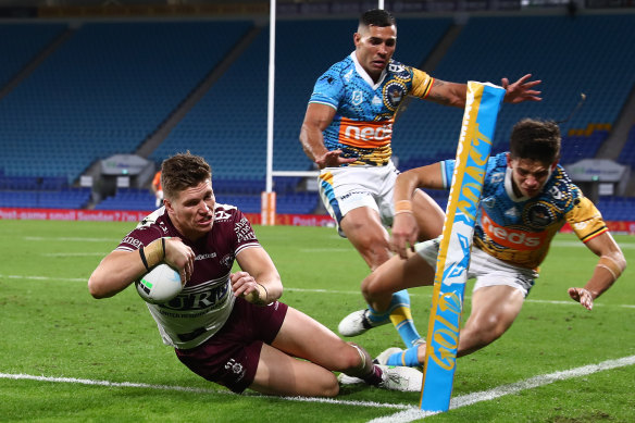 Reuben Garrick touches down for one of his four tries on the Gold Coast.