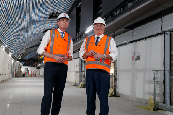 Premier Dominic Perrottet, left, and Transport Minister David Elliott on Thursday.