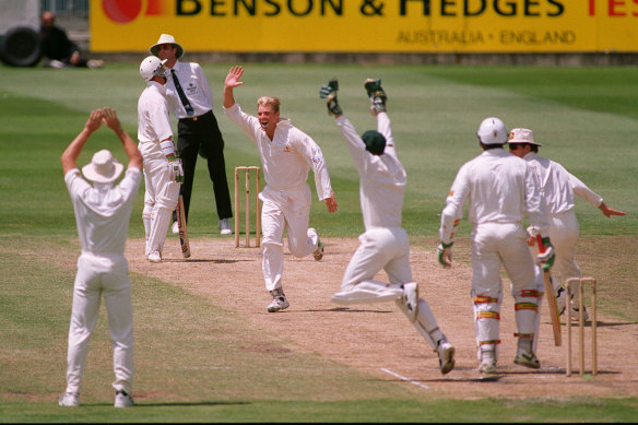 Jubilation as Shane Warne takes the third wicket of his hat-trick in 1994. 