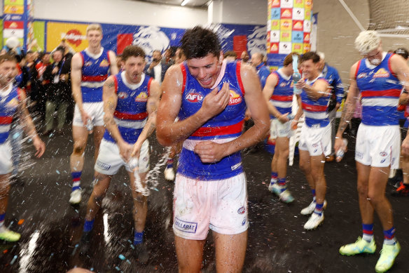 James O’Donnell celebrates a win with the Western Bulldogs after his first AFL game. 