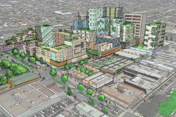 An artist’s impression of what could be allowed under the draft controls, viewed from the southeast with the market in the centre and apartment buildings in the background.