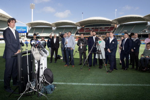 Gillion McLachlan addresses the media  at Adelaide Oval for Gather Round.