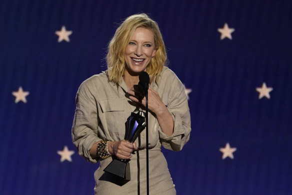 Cate Blanchett accepts the award for best actress for Tar at the 28th annual Critics Choice Awards.