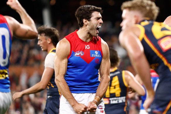 Winning with feeling: Melbourne’s Christian Petracca celebrates a goal.