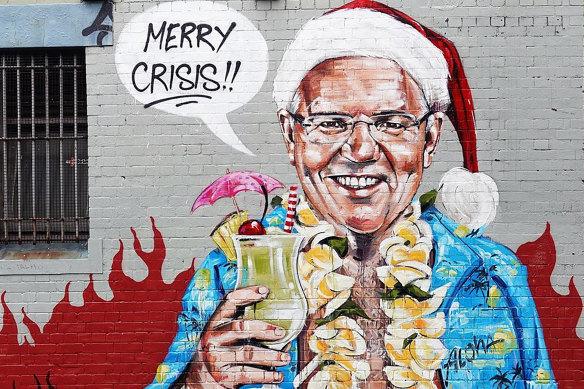 Scott Marsh painted this mural of Scott Morrison on a wall in the Sydney suburb of Chippendale.