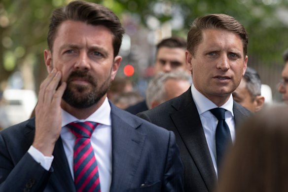 Andrew Hastie, right, met with Angus Taylor and other key colleagues – including Jonno Duniam, left – at a house in Melbourne.